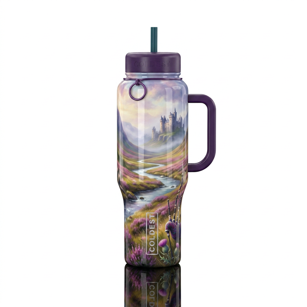 Brigadoon musical production, glossy, trompe-l'œil... water bottle design