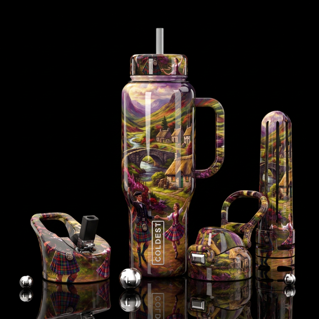 Brigadoon musical production, glossy, trompe-l'œil... water bottle design