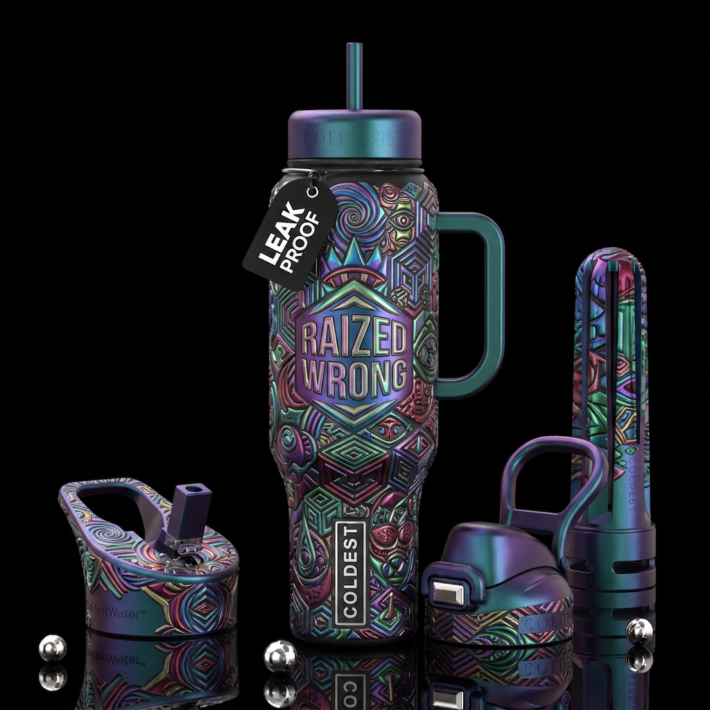 Raized wrong, glossy, trompe-l'œil, beautiferous water bottle design