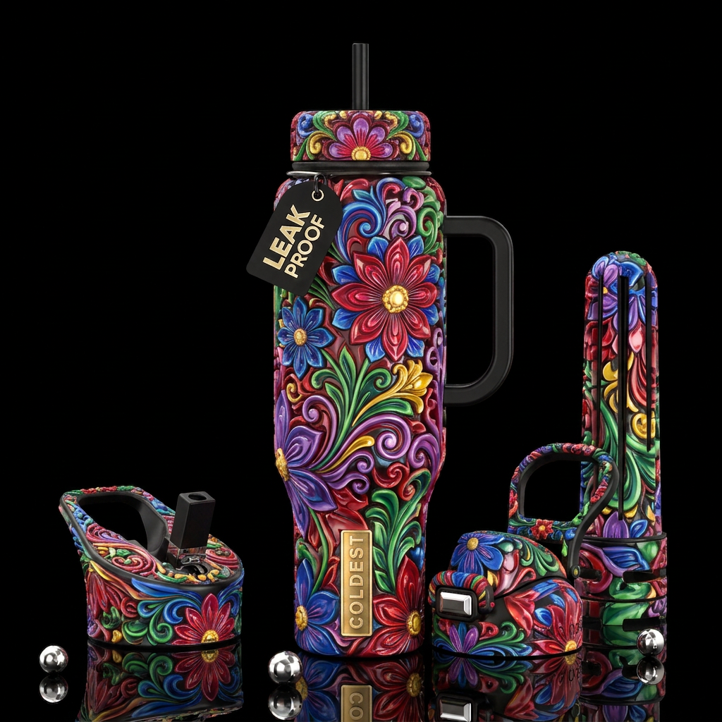 Raised wrong, glossy, trompe-l'œil, beautiferous water bottle design