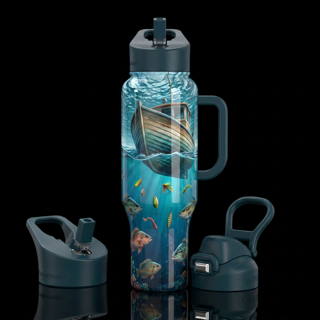 View from under the water a boat with fishermen an... water bottle design