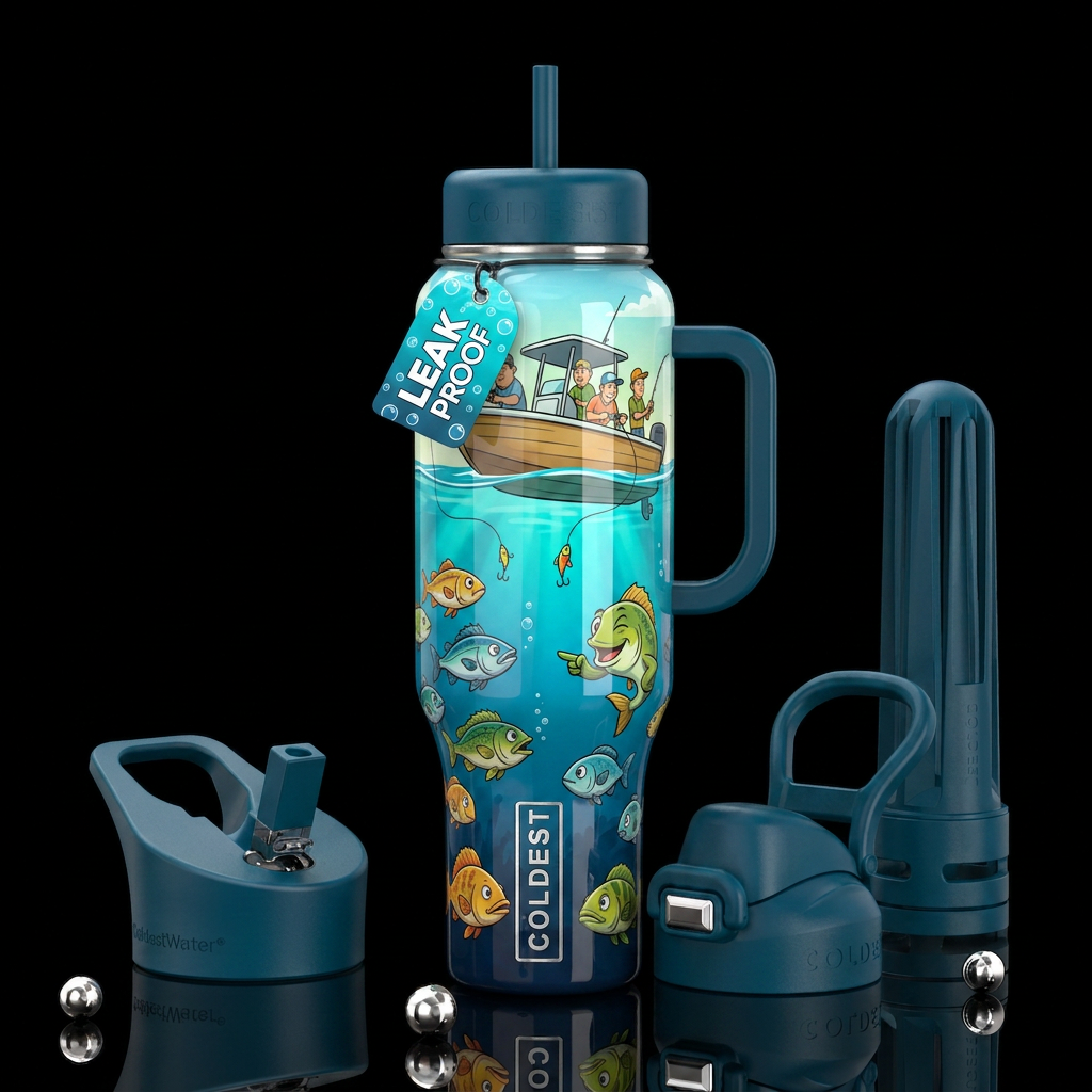 View from under the water a flatboatboat with fish... water bottle design