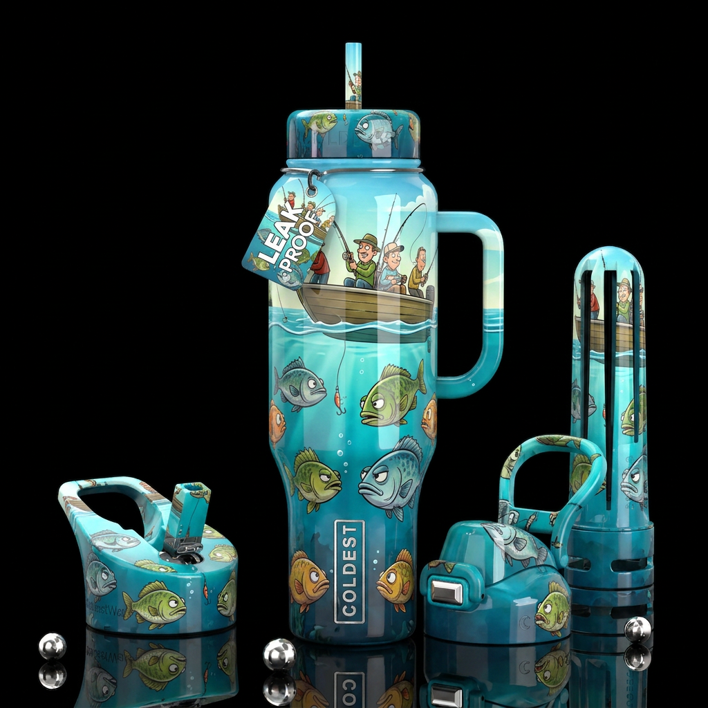 View from under the water a flatboatboat with fish... water bottle design