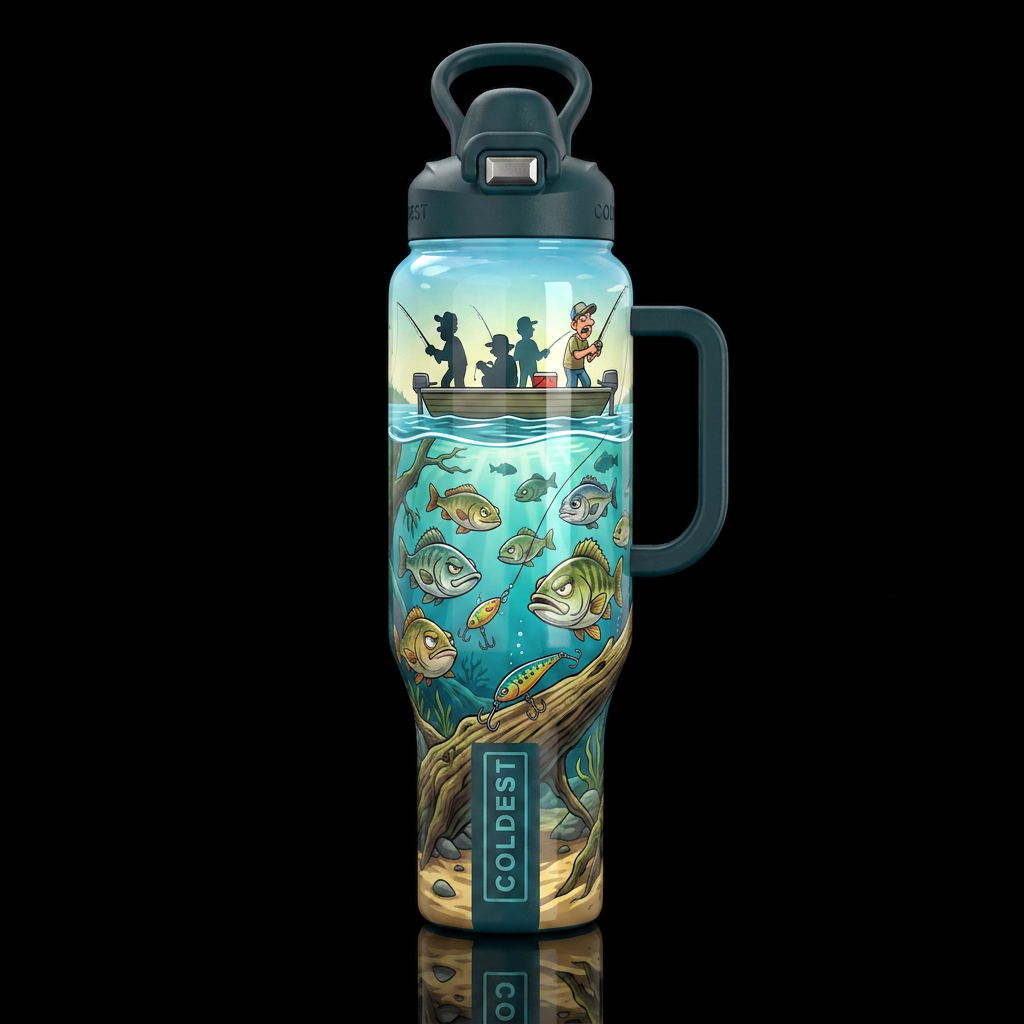 View from under the water a flatboatboat with fish... water bottle design
