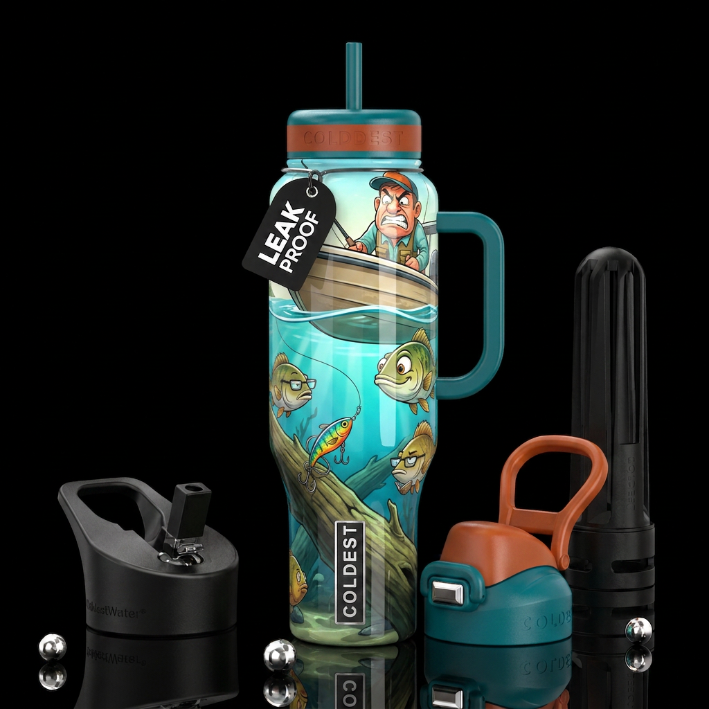 View from under the water a flatboatboat with fish... water bottle design