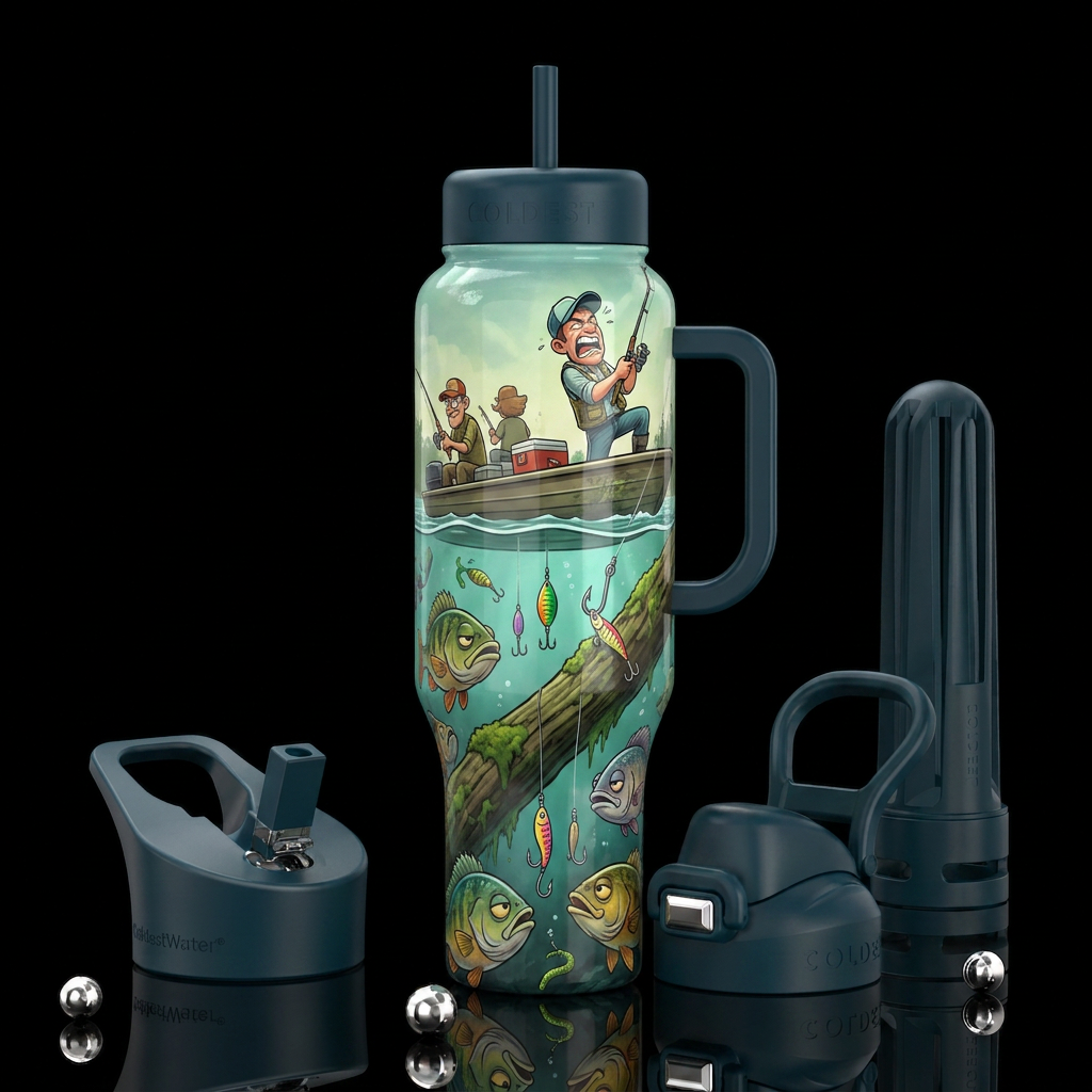 View from under the water a flatboatboat with fish... water bottle design