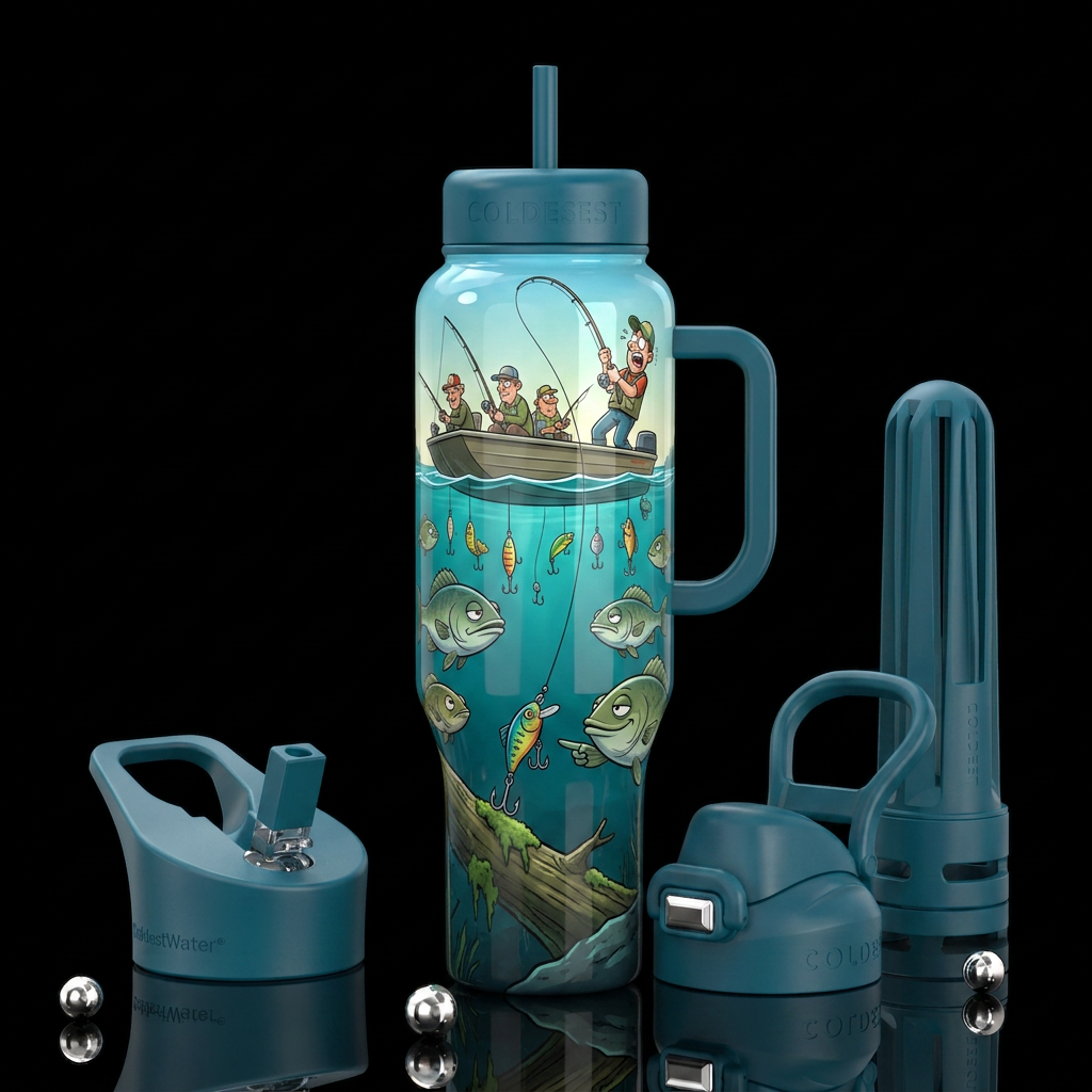 View from under the water a flatboatboat with fish... water bottle design