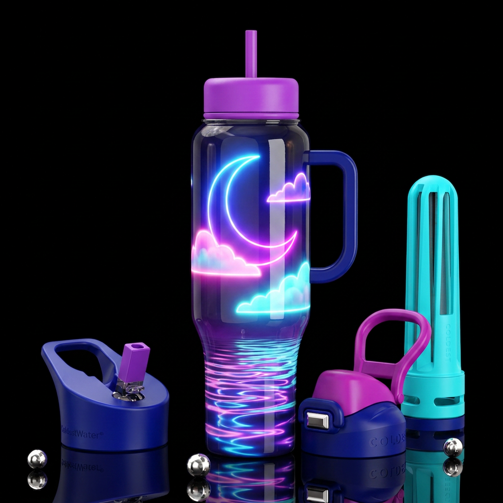 Neon crescent moon neon clouds,neon water ripples,... water bottle design