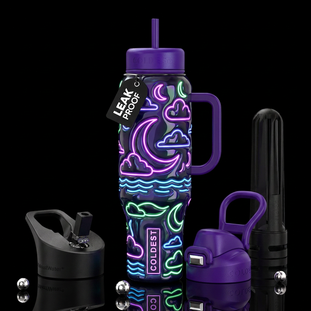Neon crescent moon neon clouds,neon water ripples,... water bottle design