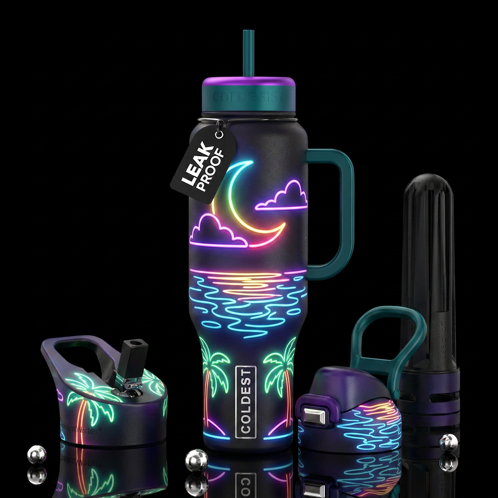 A Neon crescent moon neon clouds,neon water ripple... water bottle design