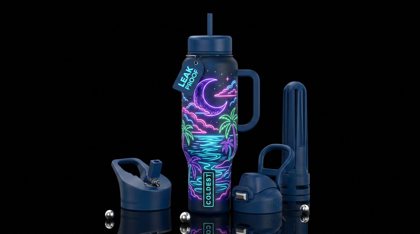 A Neon crescent moon neon clouds,neon water ripple... water bottle design