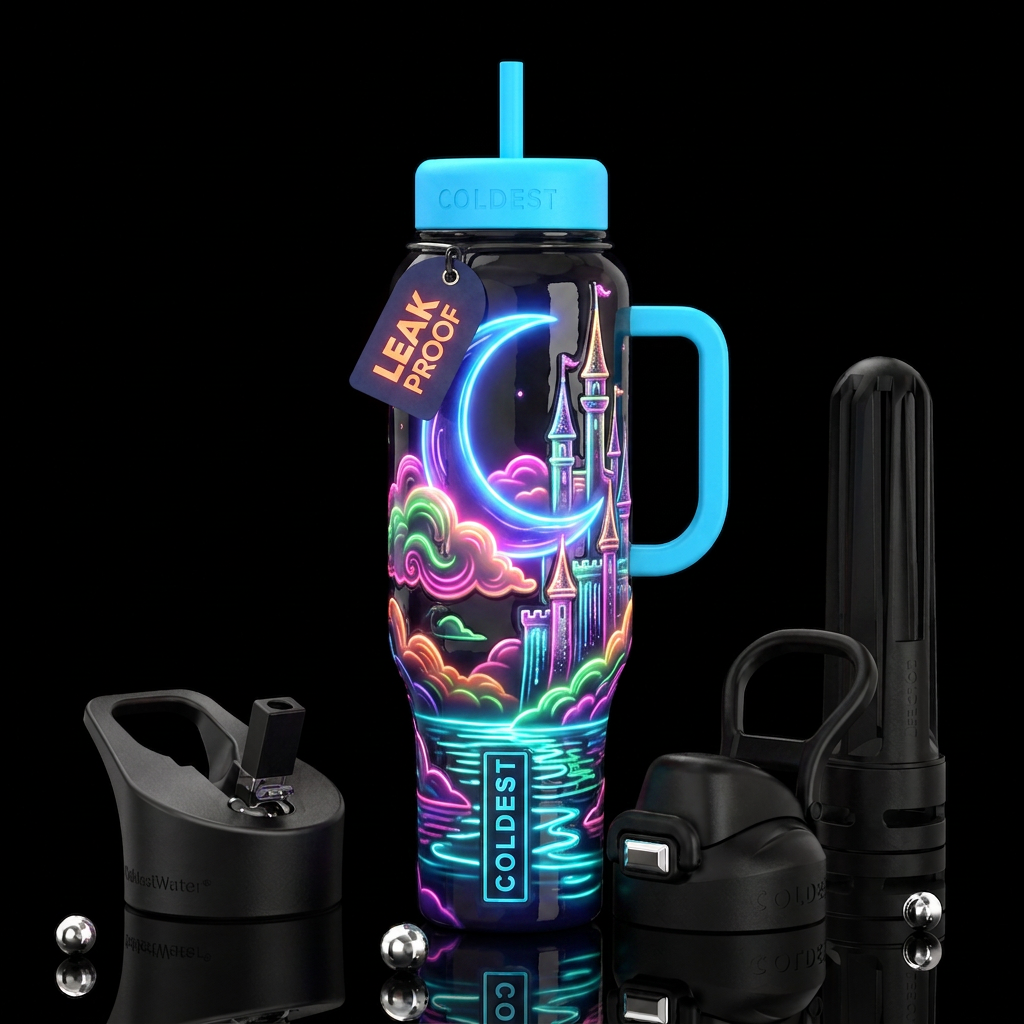 A Neon crescent moon neon clouds,neon water ripple... water bottle design