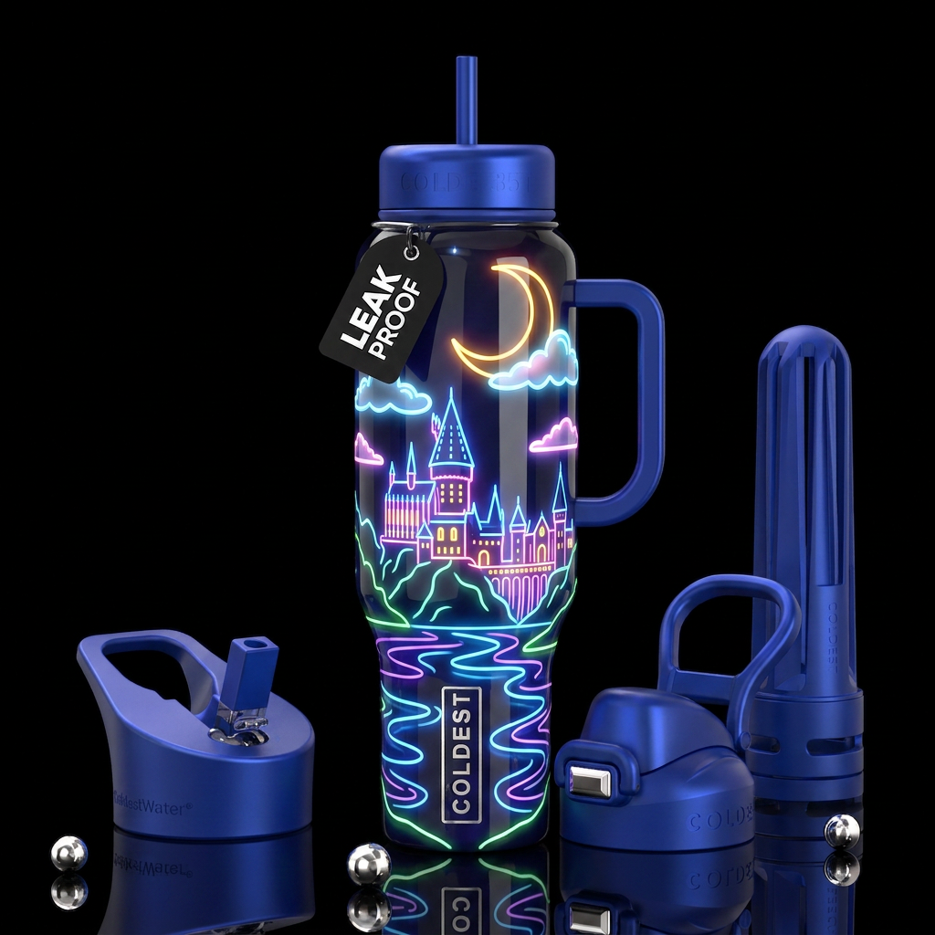 A Neon crescent moon neon clouds,neon water ripple... water bottle design