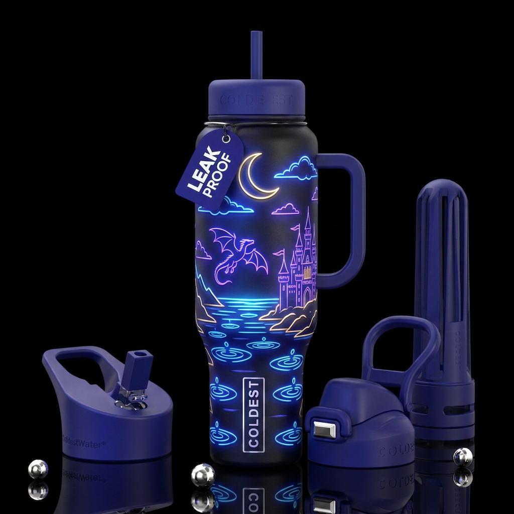 A Neon crescent moon neon clouds,neon dragon,neon ... water bottle design