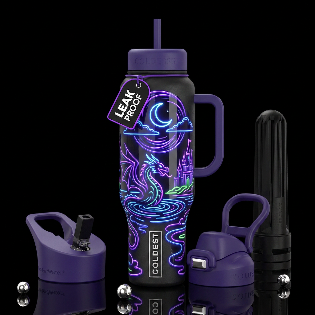 A Neon crescent moon neon clouds,neon dragon,neon ... water bottle design