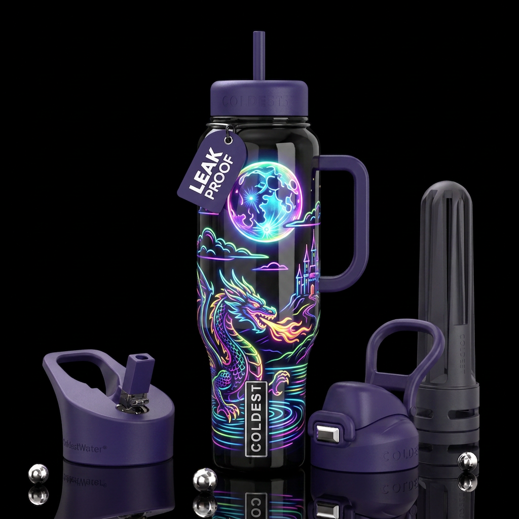 A Neon full moon with craters,neon clouds,neon dra... water bottle design