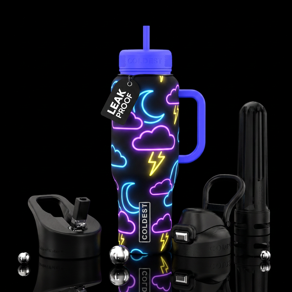 Neon crescent moon Neon clouds Neon lightning Neon... water bottle design