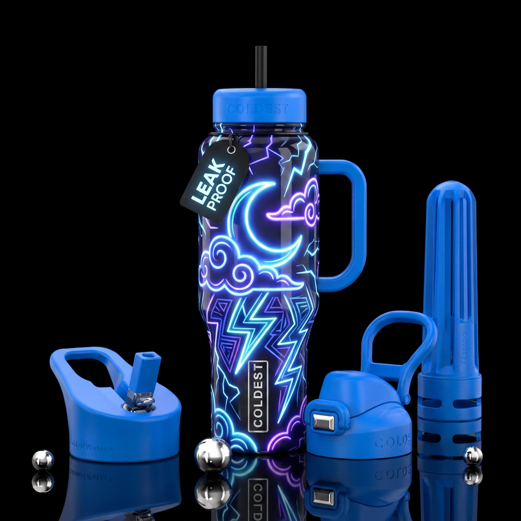 A Neon crescent moon Neon clouds Neon lightning Ne... water bottle design