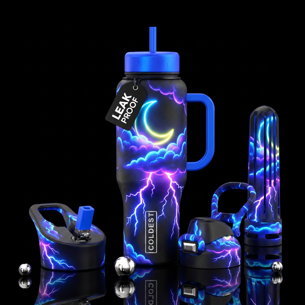 A Neon crescent moon Neon clouds Neon lightning Ne... water bottle design