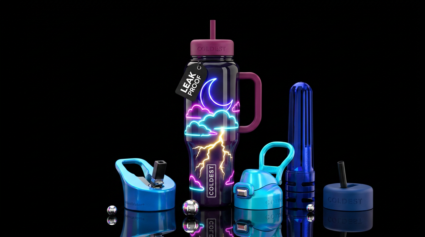 A Neon crescent moon Neon clouds Neon lightning Ne... water bottle design