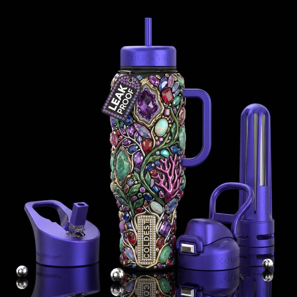 Addictive, glossy, trompe-l'œil, beautiferous, water bottle design