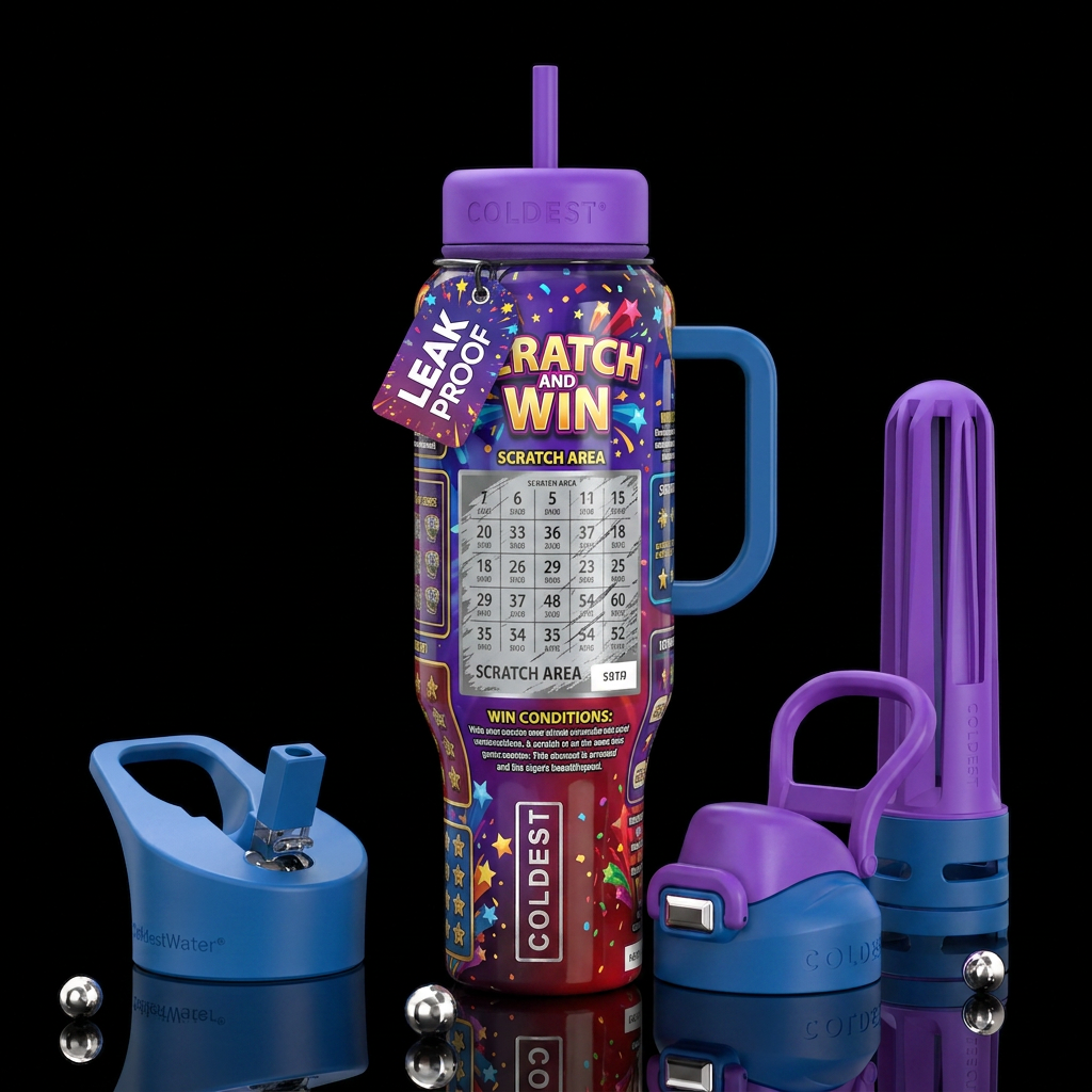 Scratch and win,glossy, trompe-l'œil, beautiferous water bottle design