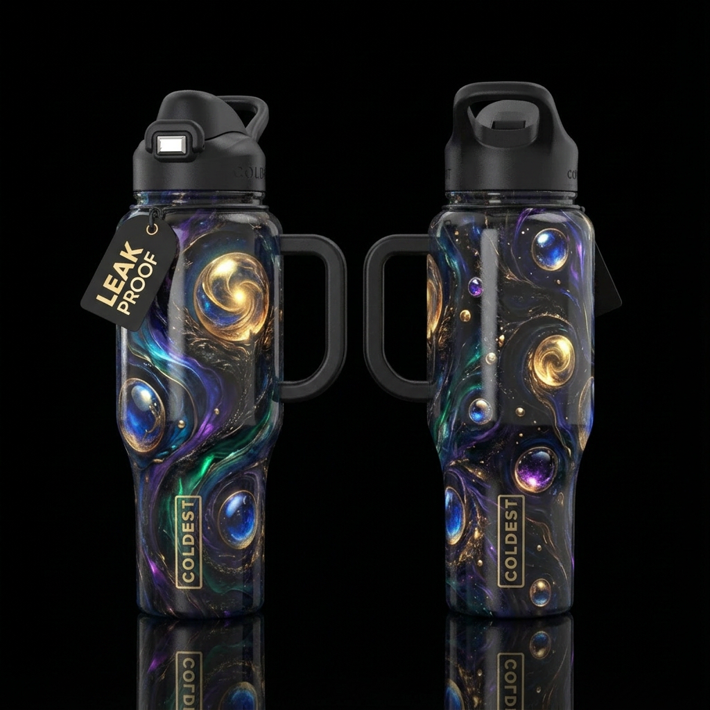 artistic, darkness, orb,, realism, luxurious, glow... water bottle design