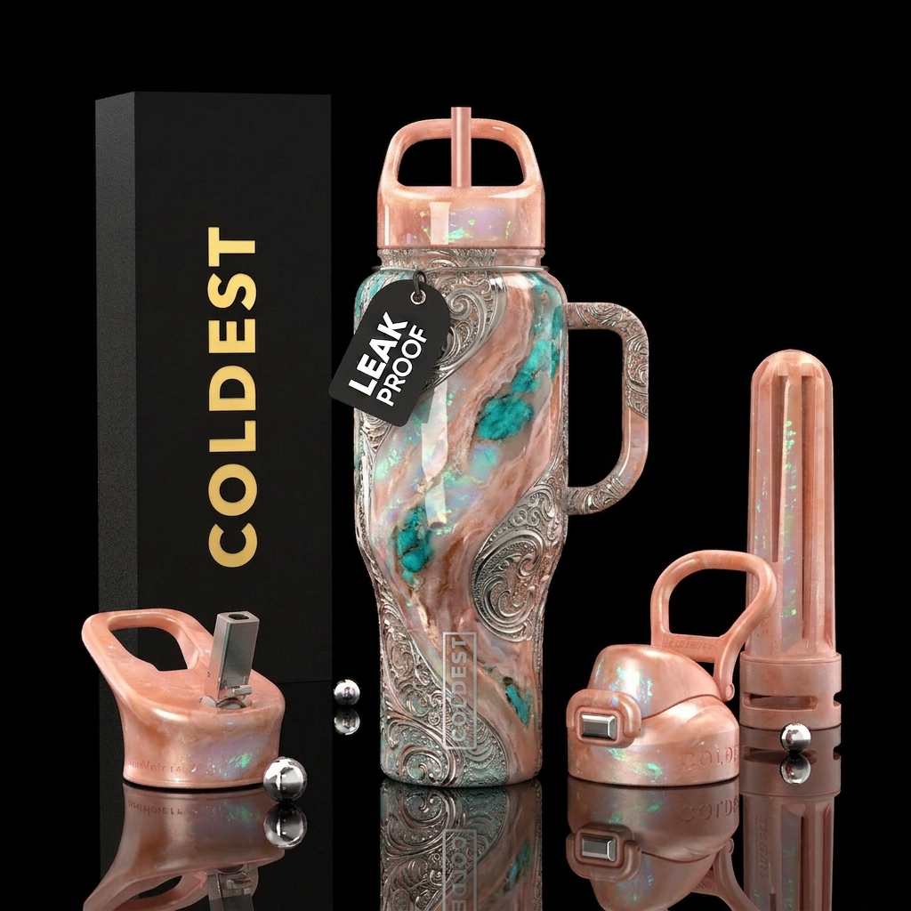 Morganite, zinc, glossy, add some teal and opalite... water bottle design