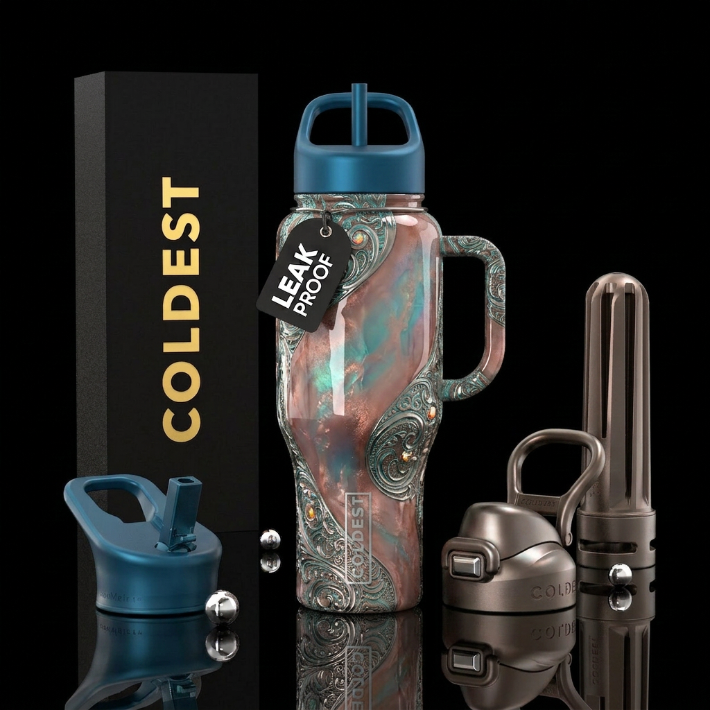 Morganite, zinc, glossy, add some teal and opal,tr... water bottle design