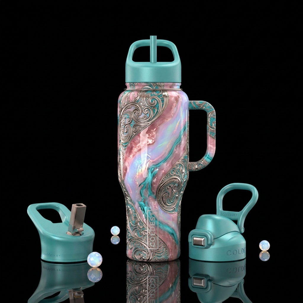 Morganite, zinc, glossy, add some teal ,and opalen... water bottle design