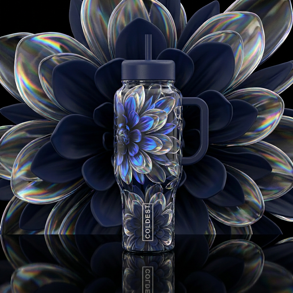 A 3d floral pattern featuring layers of translucen... water bottle design