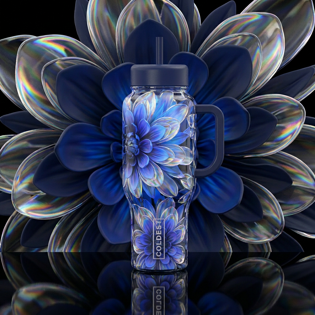 A 3d floral pattern featuring layers of translucen... water bottle design