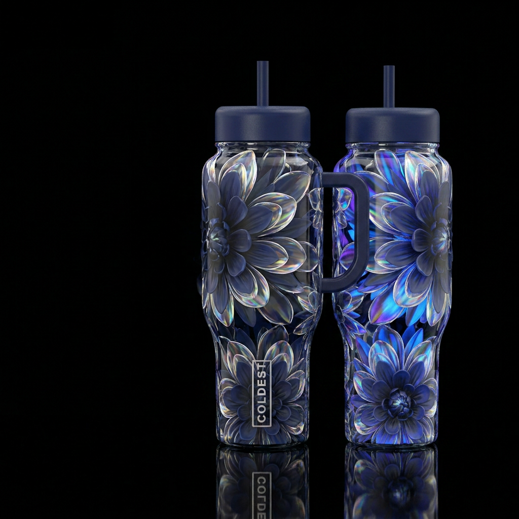 A 3d floral pattern featuring layers of translucen... water bottle design