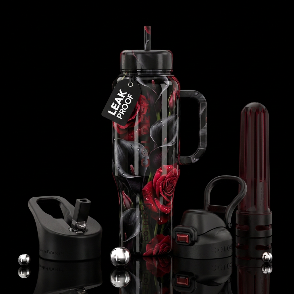 Black calla lilies with red roses ,glossy, trompe-... water bottle design