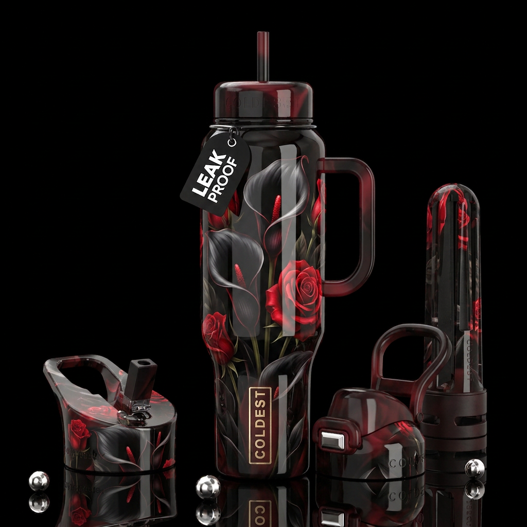 Black calla lilies with red roses ,glossy, trompe-... water bottle design