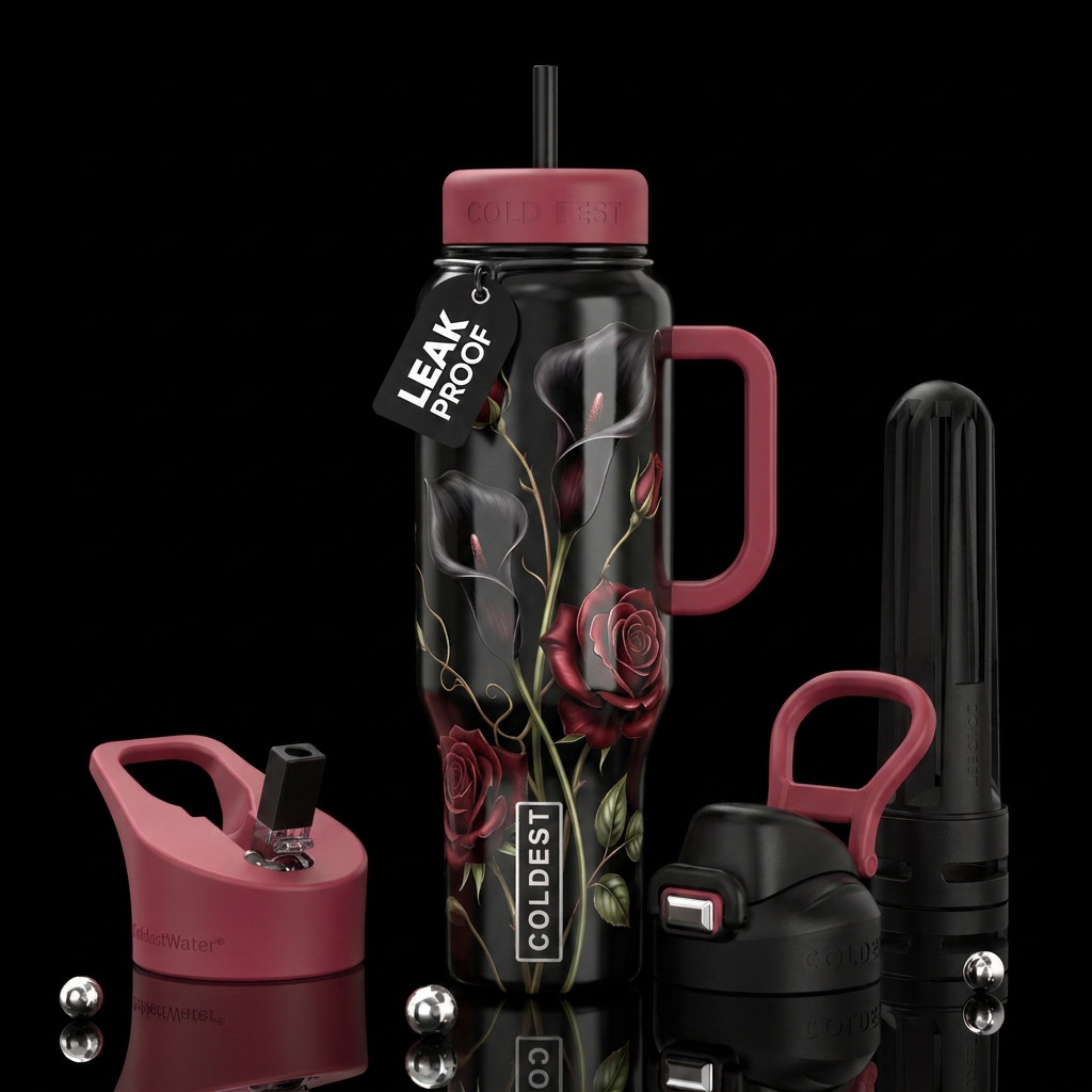 Black calla lilies with red roses ,glossy, trompe-... water bottle design