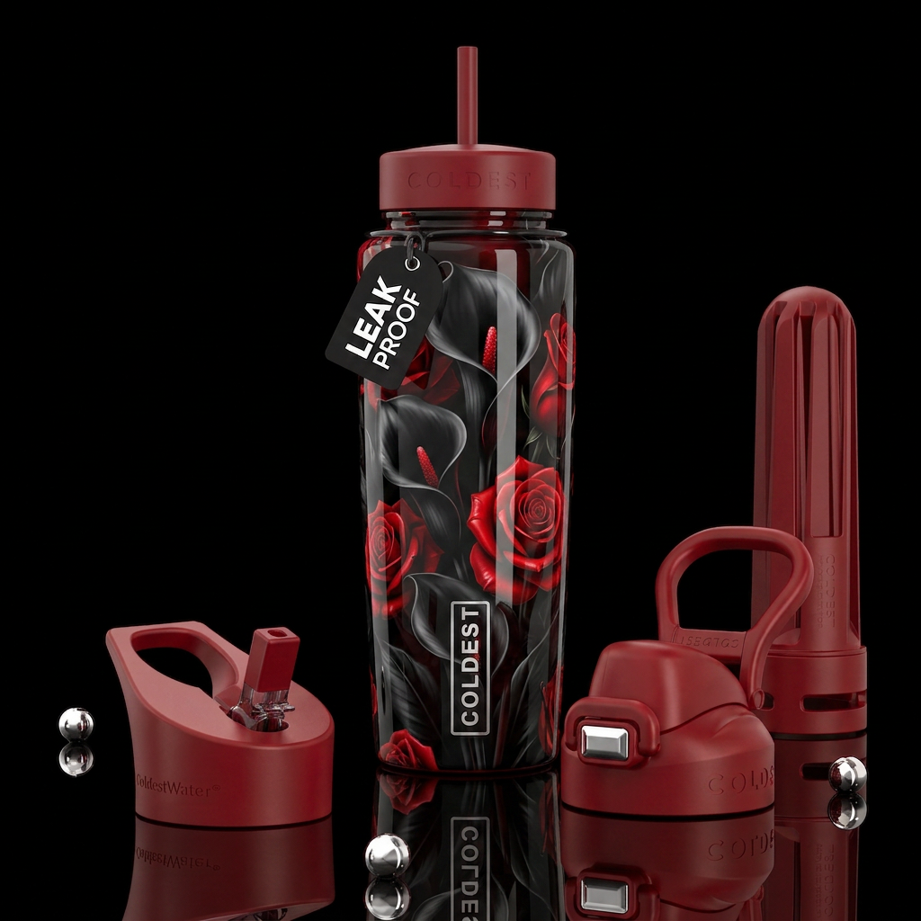 Black calla lilies with red roses ,glossy, trompe-... water bottle design