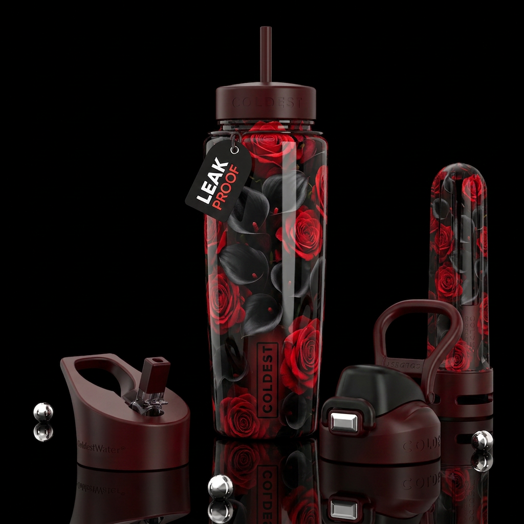 Black calla lilies with red roses ,glossy, trompe-... water bottle design