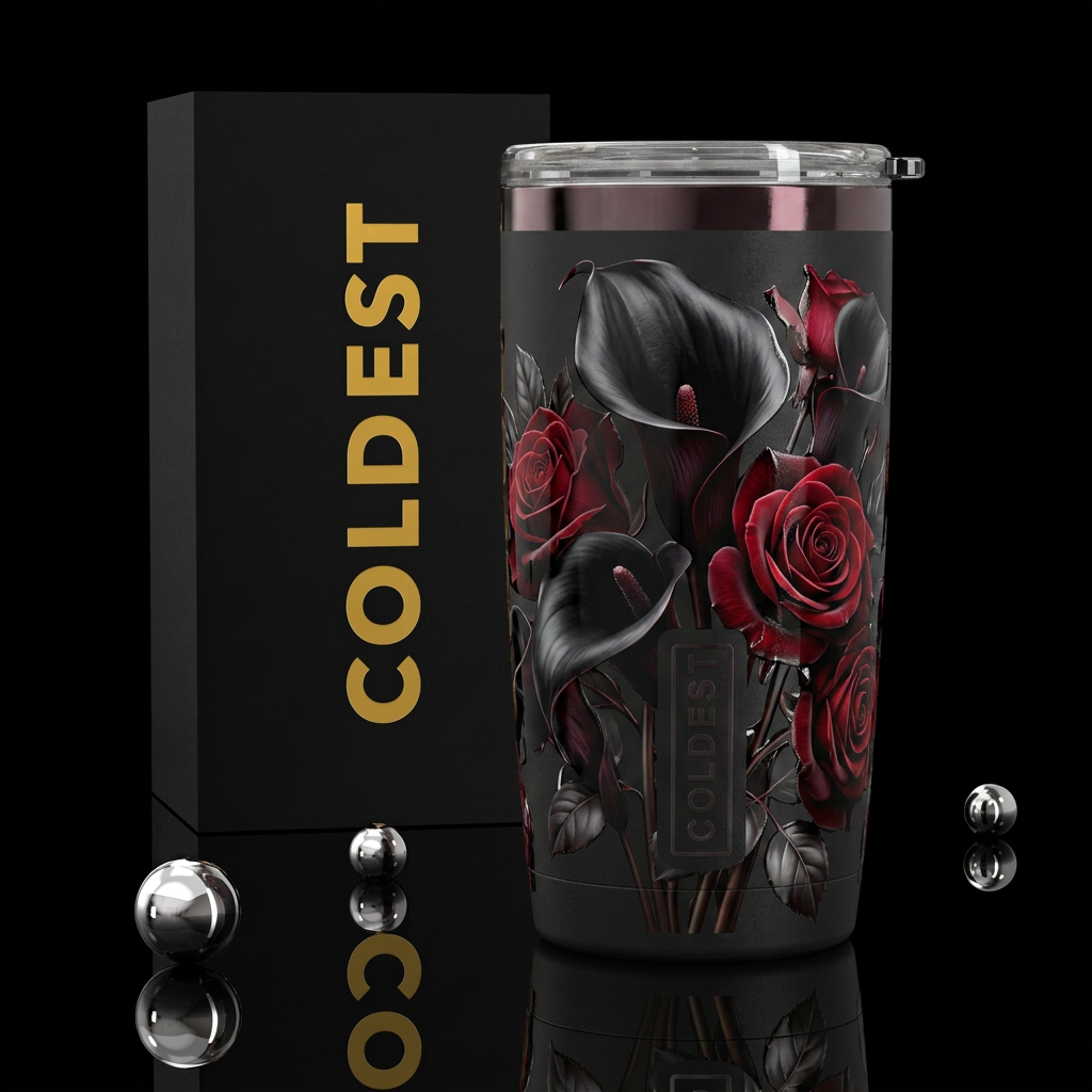 Black calla lilies with red roses ,glossy, trompe-... water bottle design