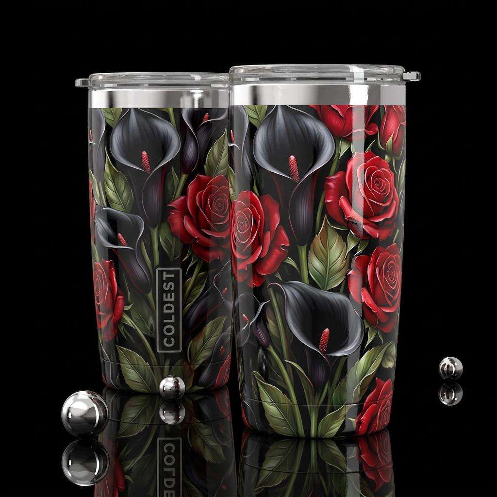 Black calla lilies with red roses ,glossy, trompe-... water bottle design