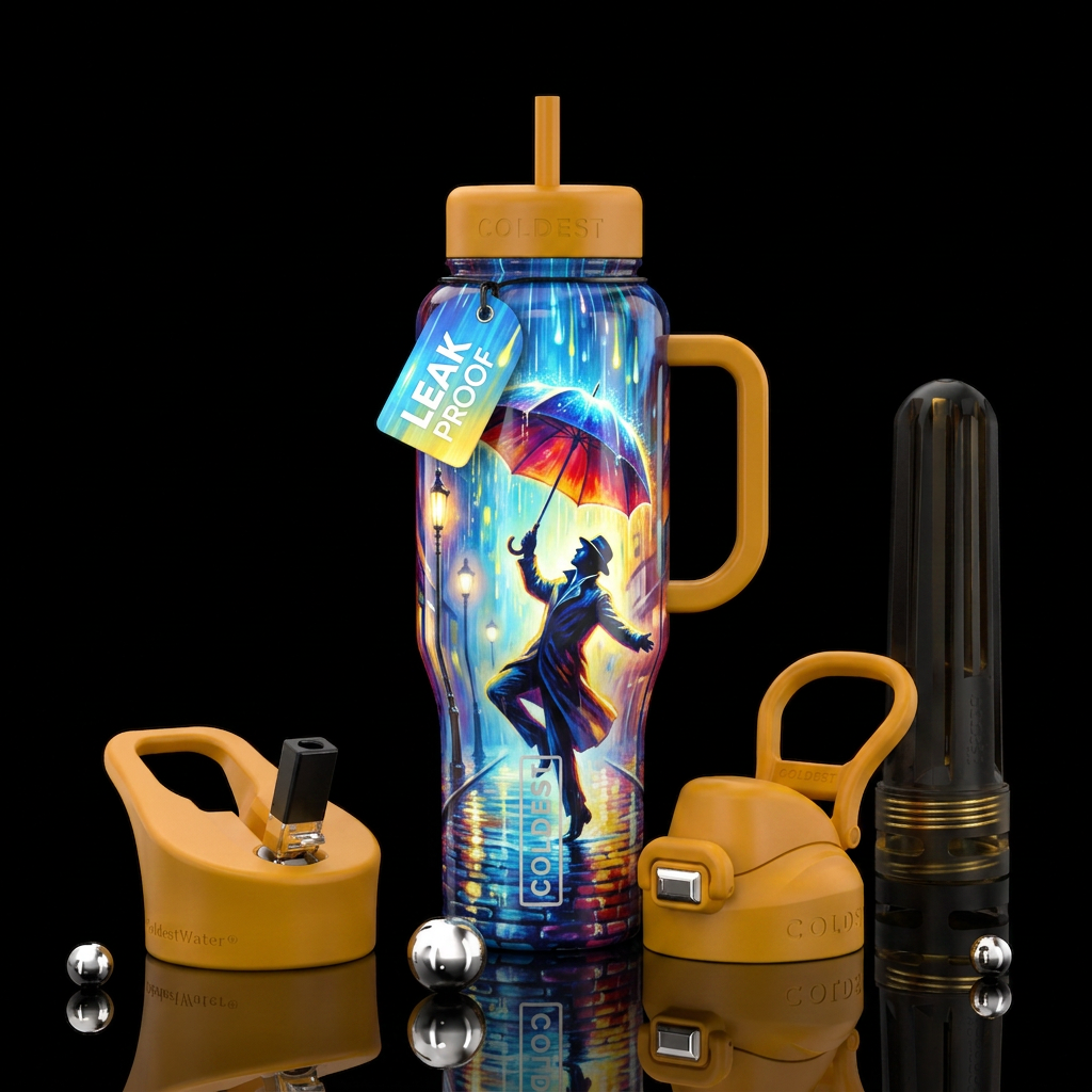 Singing in the rain,glossy, trompe-l'œil, beautife... water bottle design