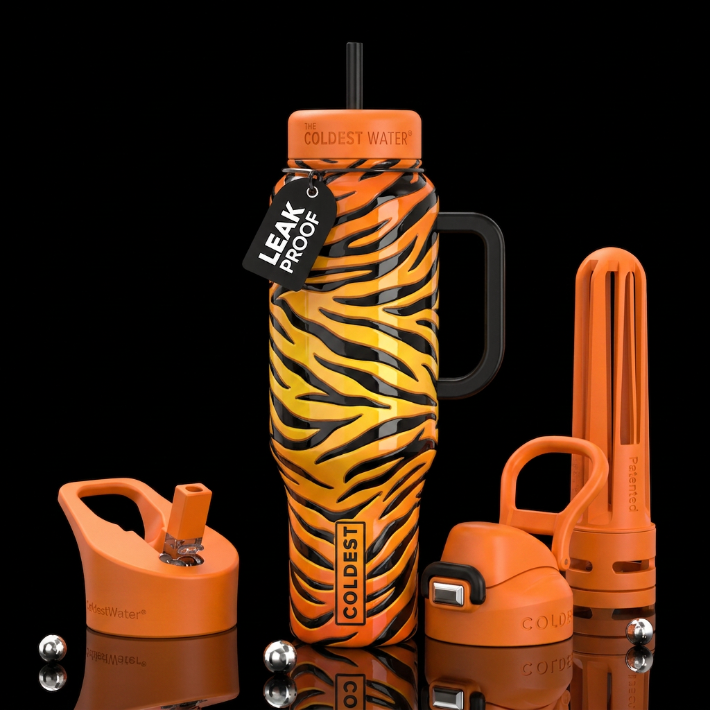 Tiger stripes, glossy, trompe-l'œil, beautiferous,... water bottle design