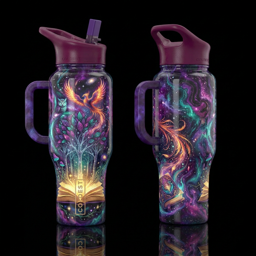 Digital art for a seamless tumbler wrap. An open b... water bottle design