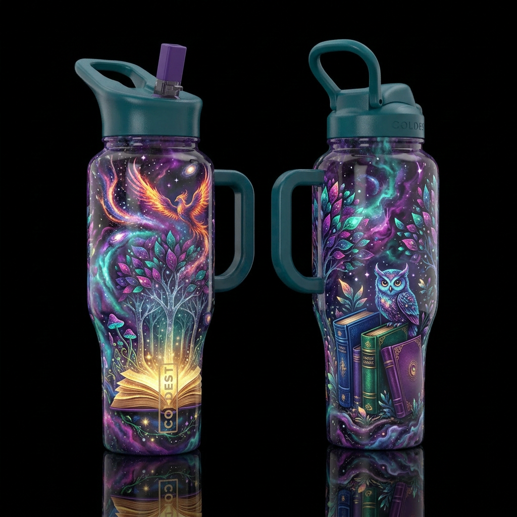 Digital art for a seamless tumbler wrap. An open b... water bottle design