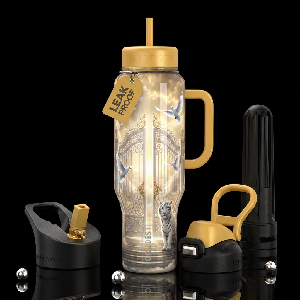 The pearly gates of heaven, doves,white tiger,, gl... water bottle design