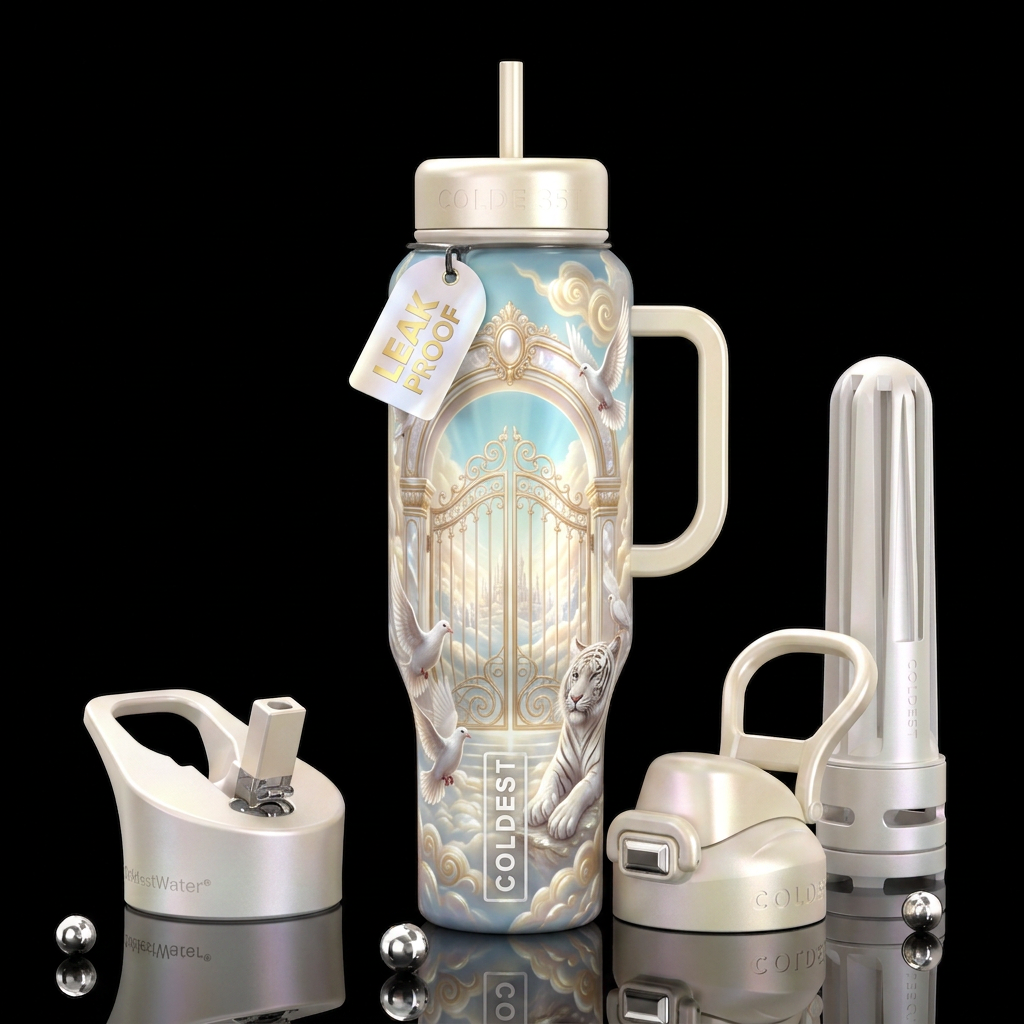 The pearly gates of heaven, doves,white tiger,, gl... water bottle design
