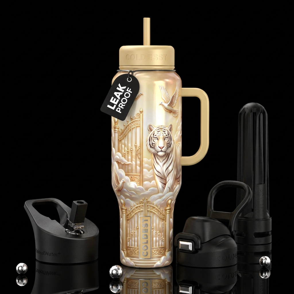 The pearly gates of heaven, doves,white tiger,, gl... water bottle design