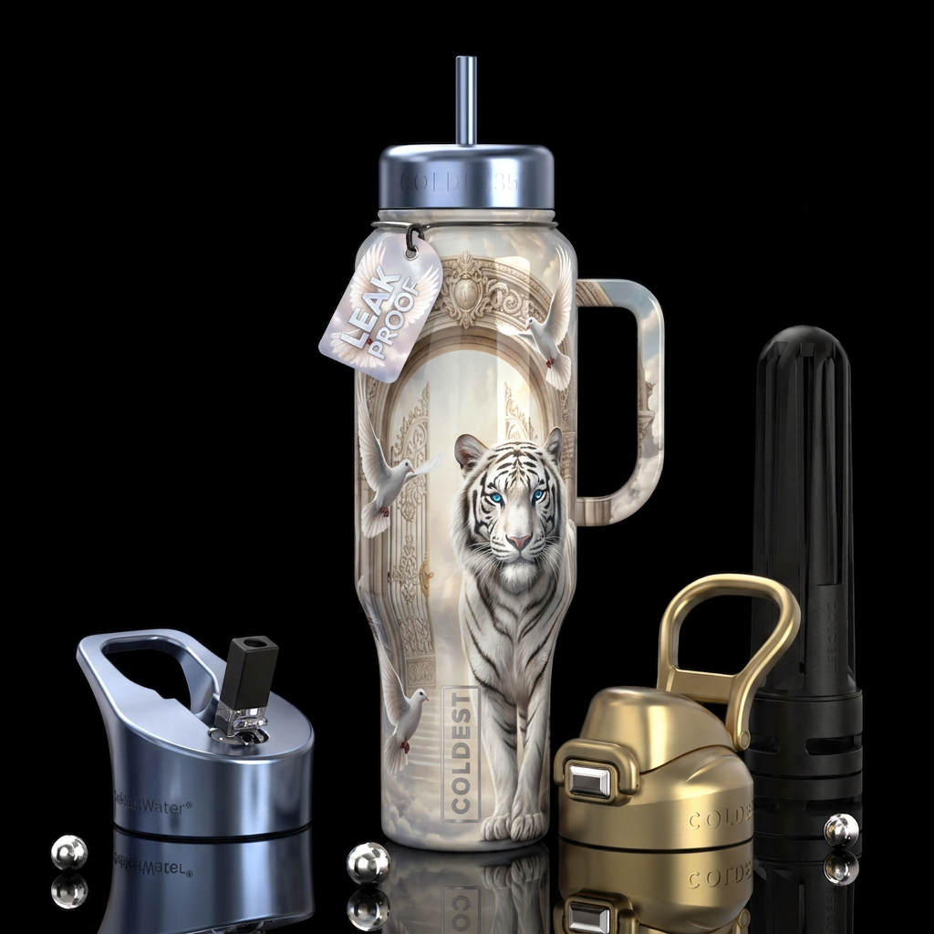 The pearly gates of heaven, doves,white tiger blue... water bottle design