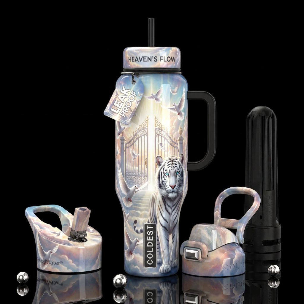 The pearly gates of heaven, doves,white tiger blue... water bottle design
