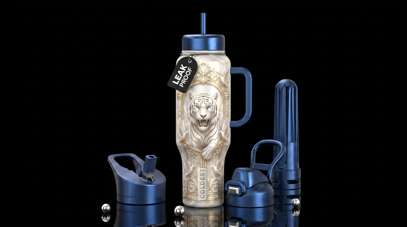 The pearly gates of heaven, doves,white tiger blue... water bottle design